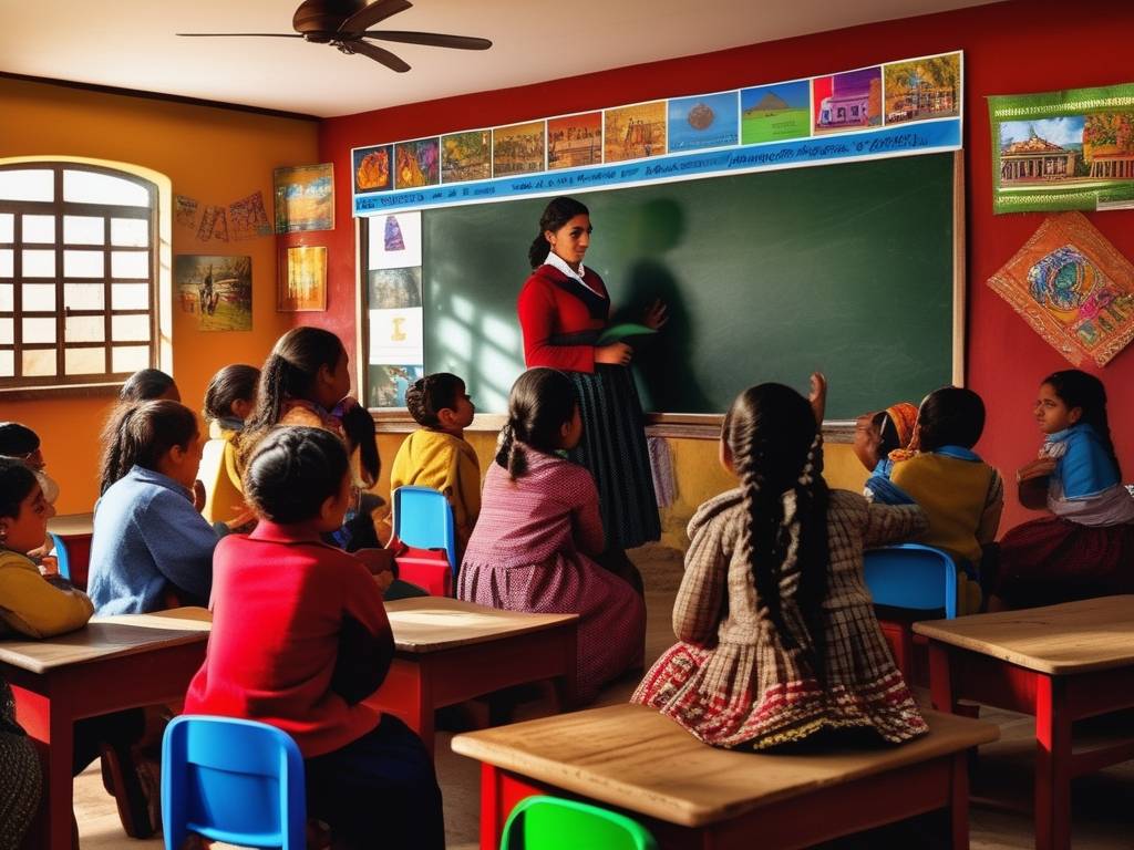 Arte y cultura en la educación del interior uruguayo: Una imagen fotorealista de un aula rural donde estudiantes entusiastas participan en actividades artísticas y culturales