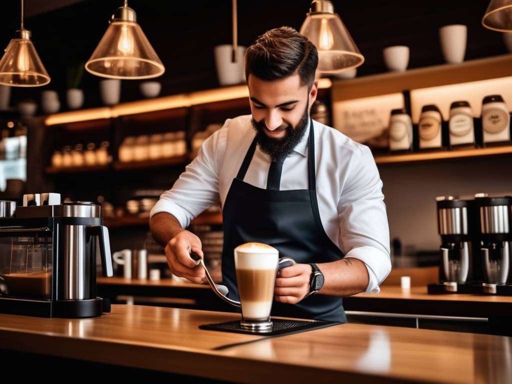 Barista en acción en una cafetería de Uruguay, experto en arte latte y ambiente vibrante