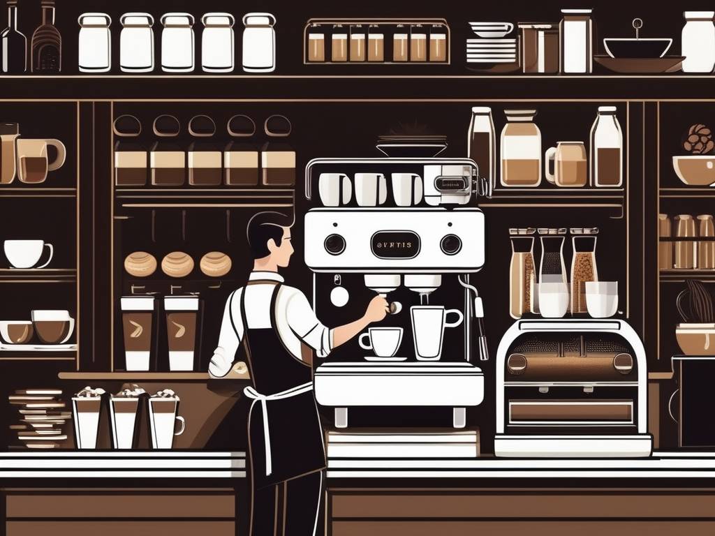 Barista experto en café de alta calidad y latte art, en una moderna cafetería con estanterías llenas de granos de café de todo el mundo