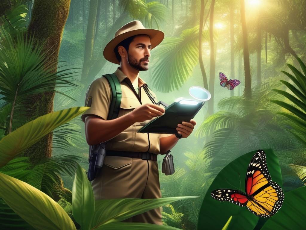 Un biólogo en Uruguay investigando en una exuberante selva tropical, observando una mariposa vibrante