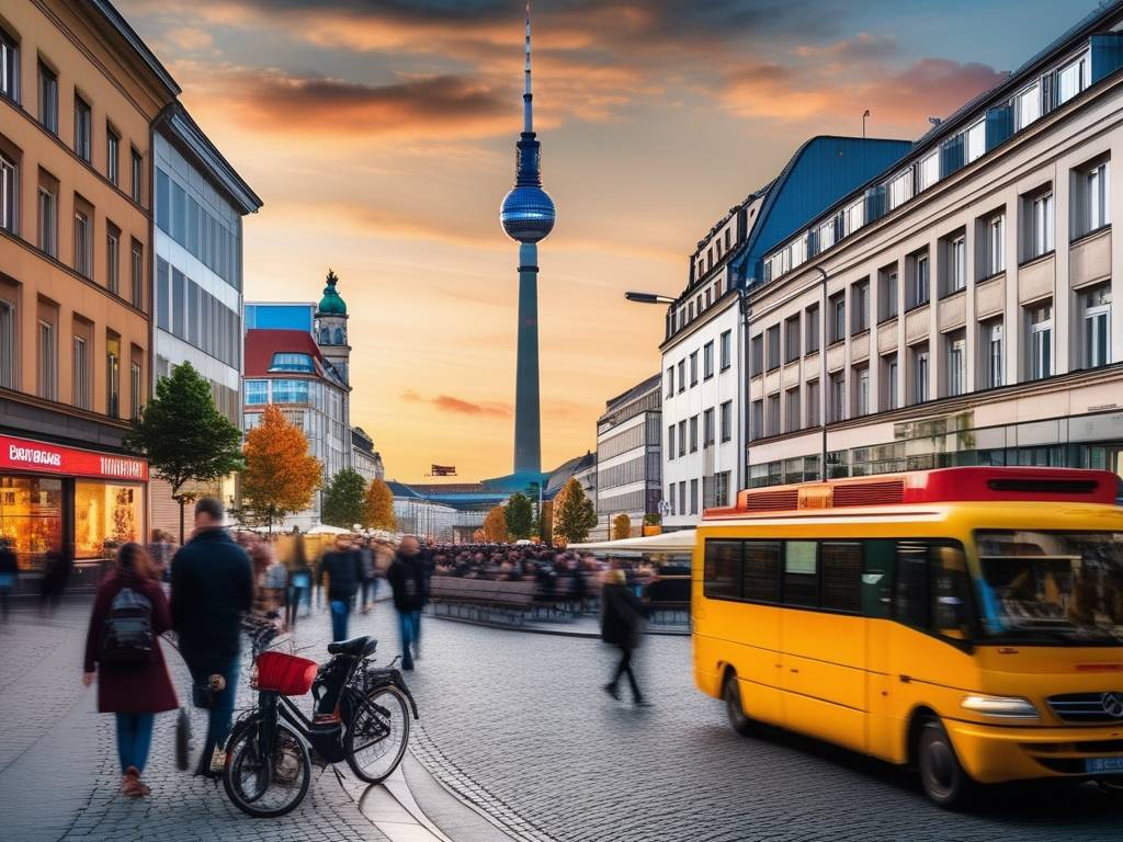 Calle animada en Berlín, Alemania, con la Puerta de Brandemburgo y la Torre de TV destacadas