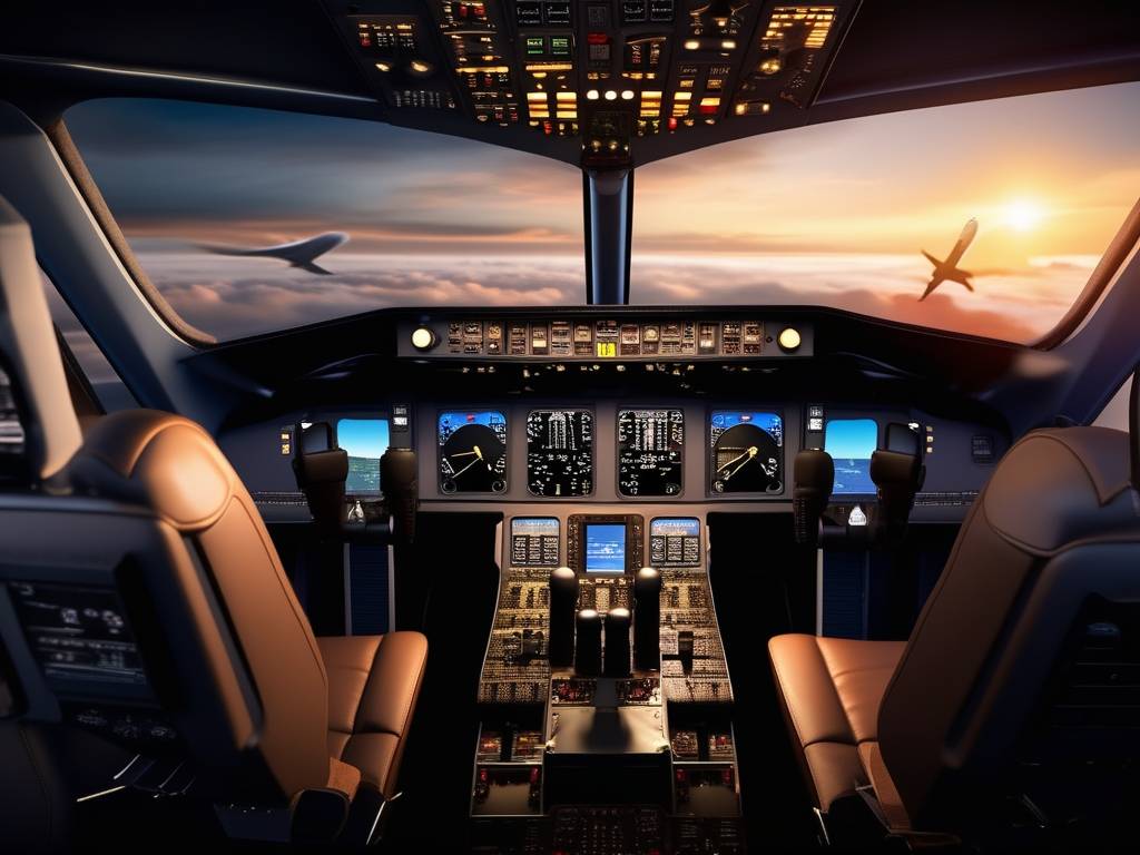 Fotorealismo en cabina de avión comercial: control, instrumentos, piloto