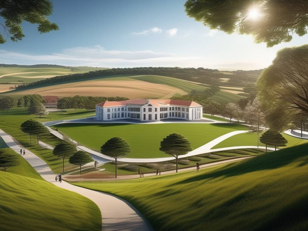 Estudiar medicina en el interior de Uruguay: campus rural idílico con arquitectura moderna, estudiantes caminando entre naturaleza