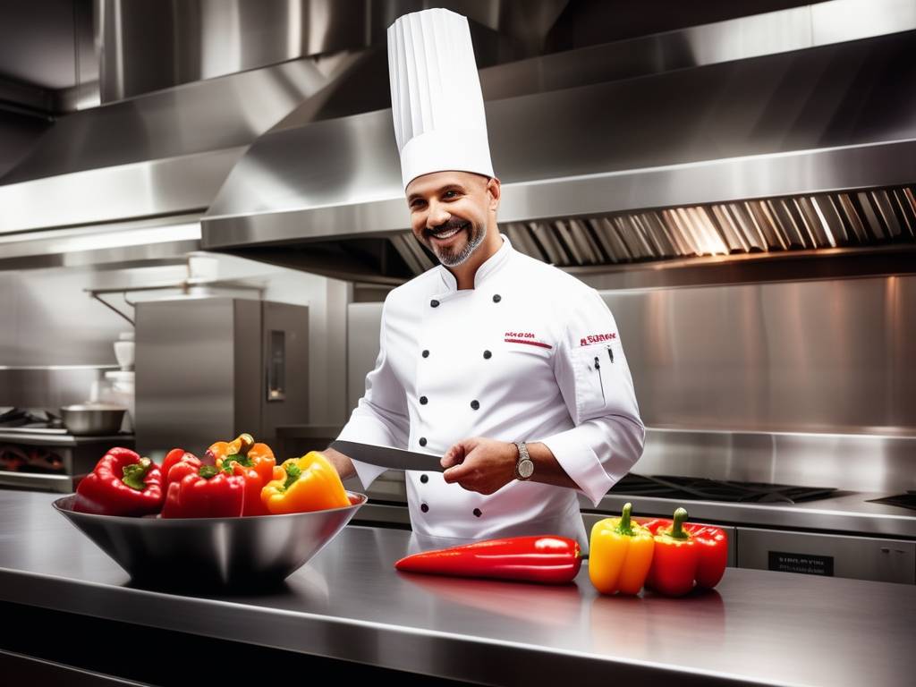 Chef en cocina profesional con chaqueta blanca y sombrero alto, cortando pimiento rojo