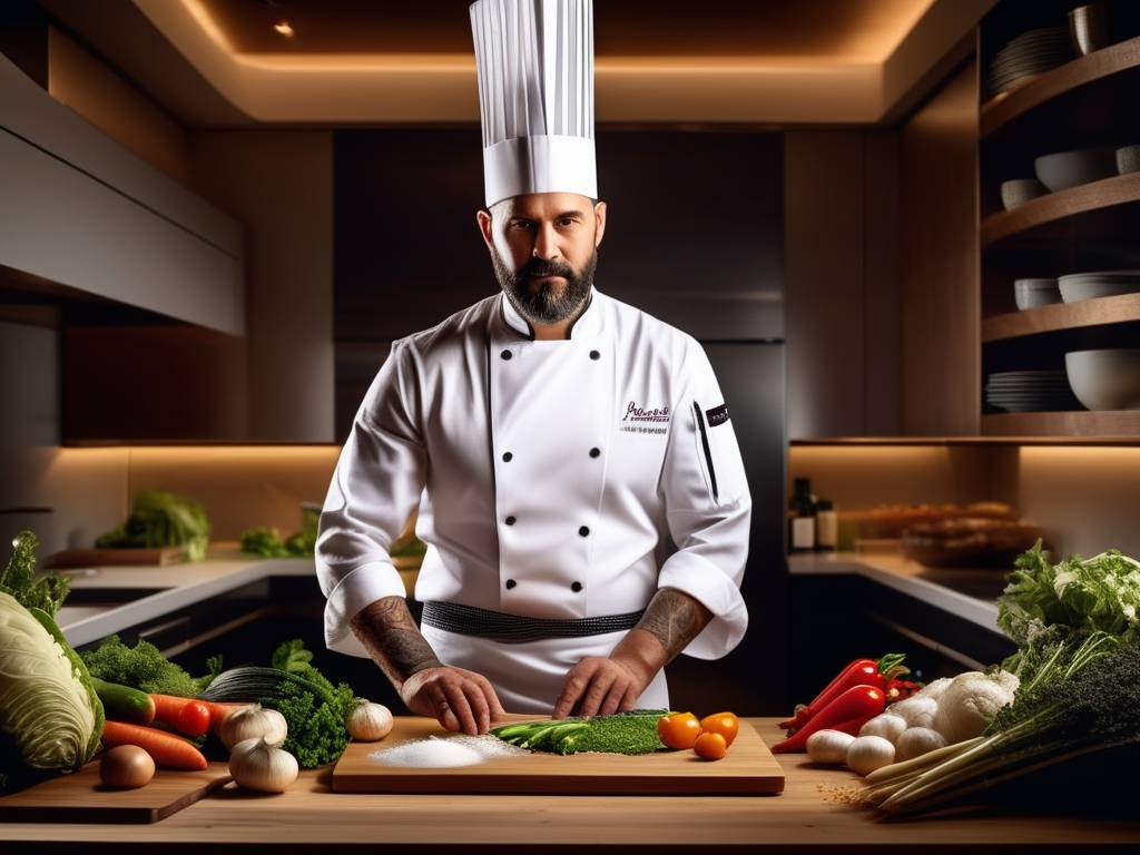 Chef profesional cortando ingredientes en una cocina moderna y bien equipada