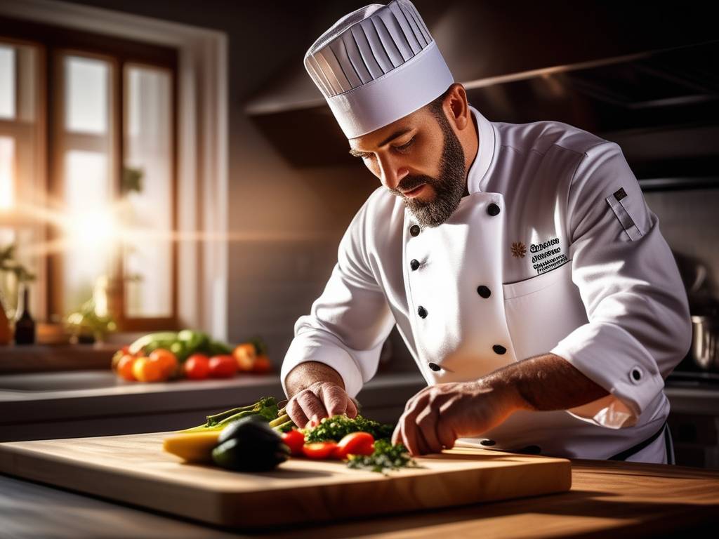 Chef profesional en cocina uruguaya, cortando verduras en cocina bien equipada