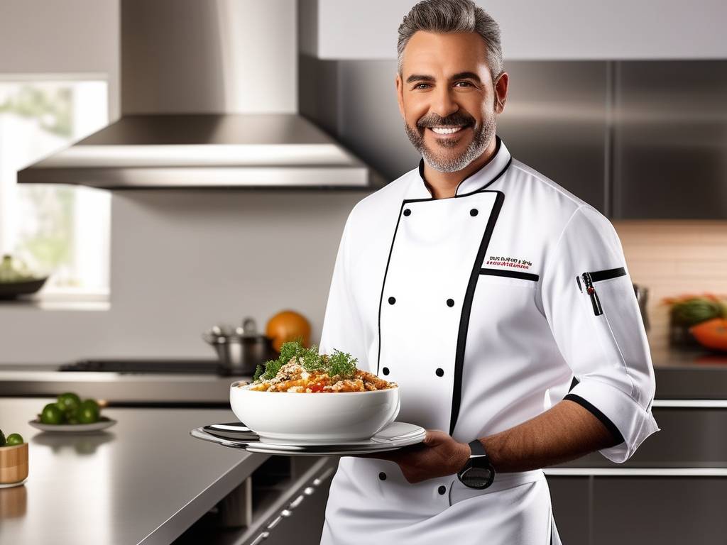 Un chef uruguayo en un elegante uniforme blanco, destacando su destreza culinaria en una cocina moderna y equipada