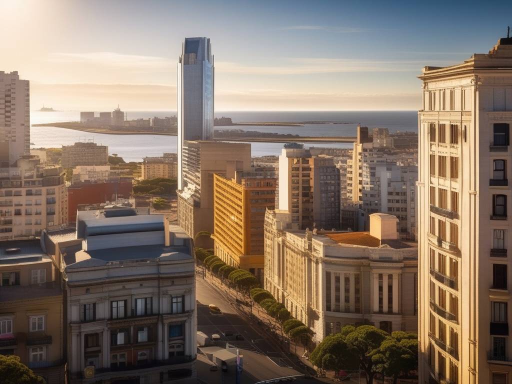 Panorama de Montevideo, Uruguay: ingeniero admirando ciudad y arquitectura moderna