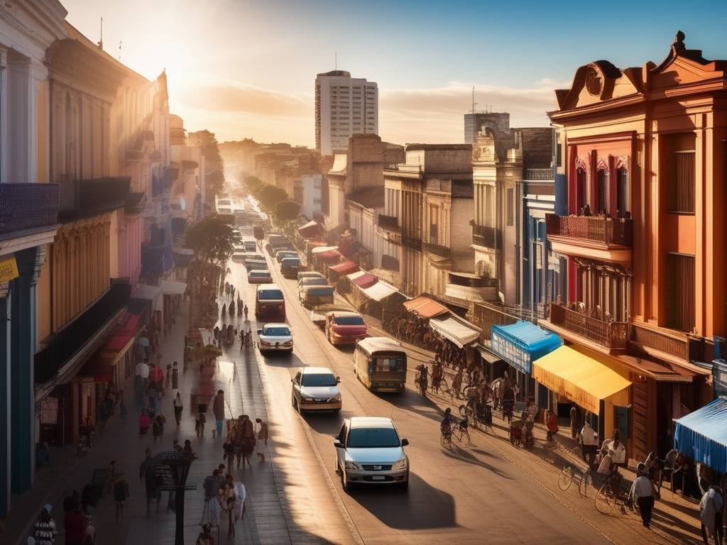 Estudiar ciencias sociales en el interior de Uruguay: imagen de ciudad vibrante con estudiantes y arquitectura moderna