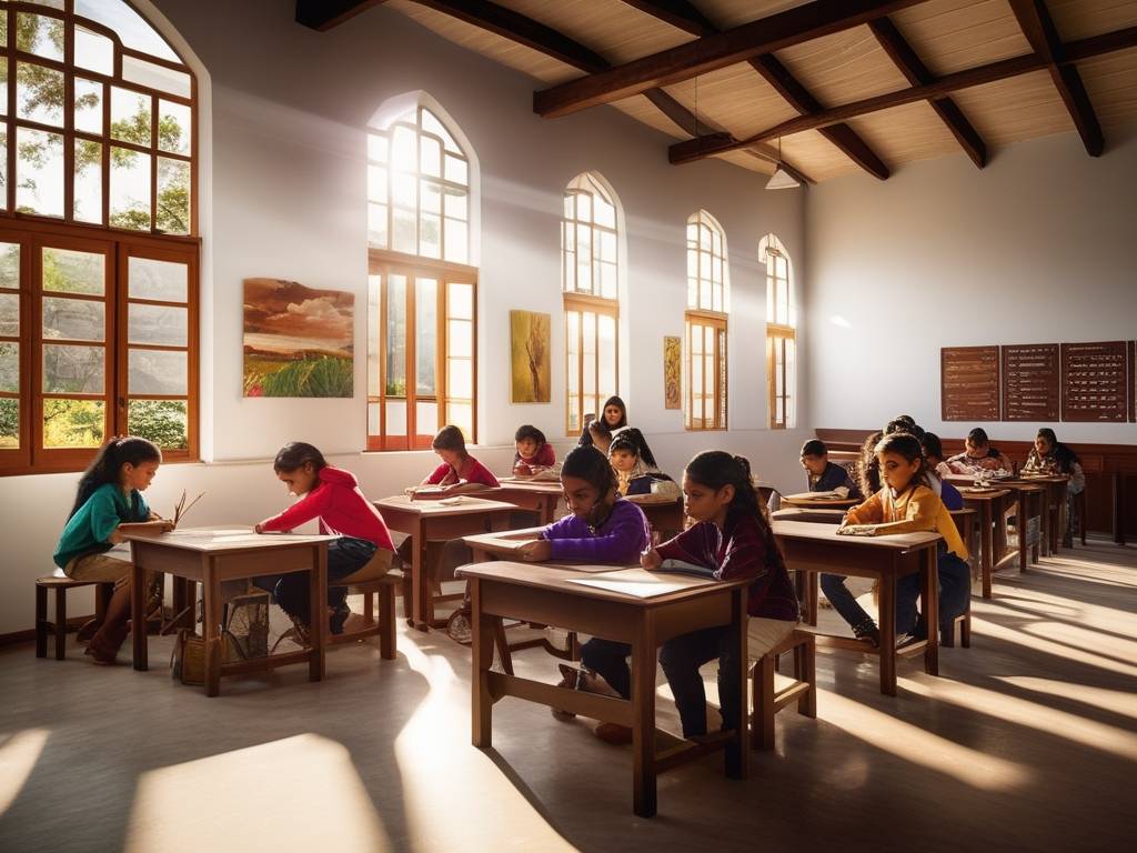 Arte y cultura en la educación del interior uruguayo: Aula del Colegio San José de Paysandú llena de estudiantes inmersos en actividades artísticas