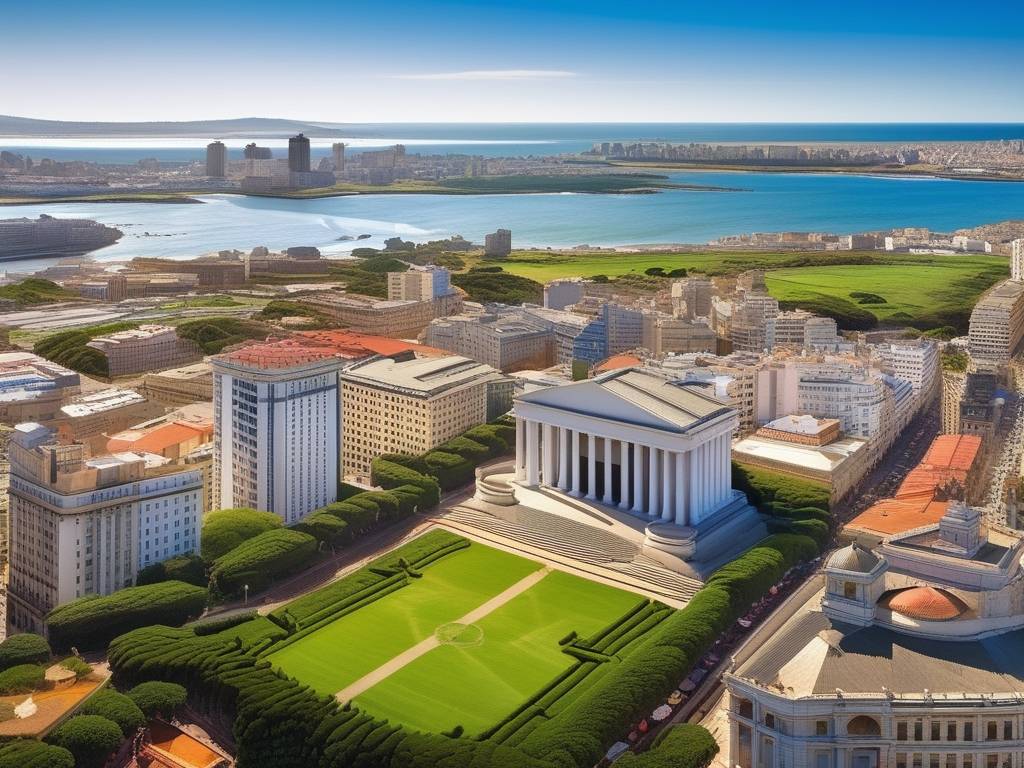 Desafíos y ventajas de estudiar fuera de la capital: Montevideo y el interior de Uruguay en una imagen fotorealista