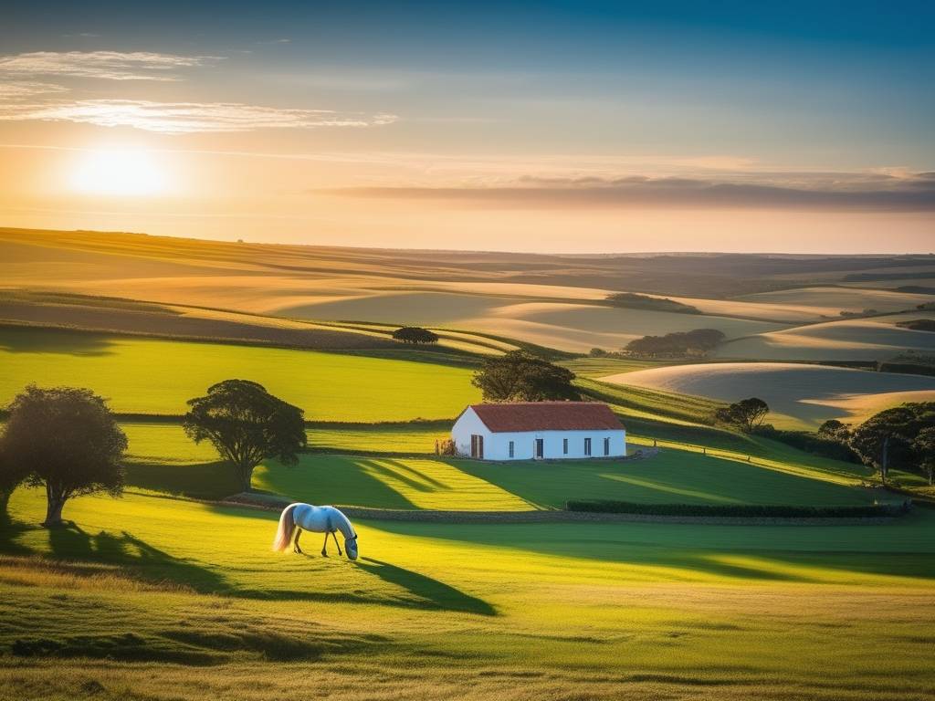 Paisaje rural en Uruguay, con caballo y granja