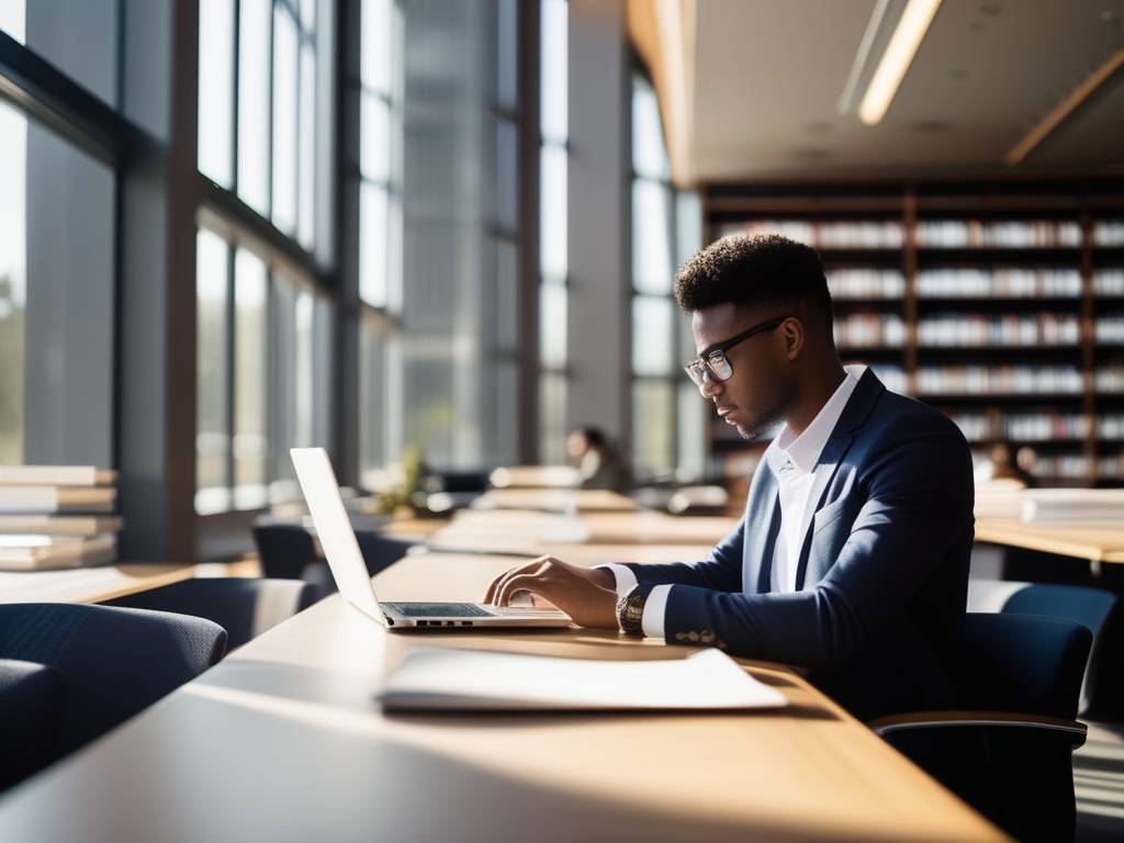 Estudiante emprendedor construyendo su marca personal en una biblioteca universitaria moderna