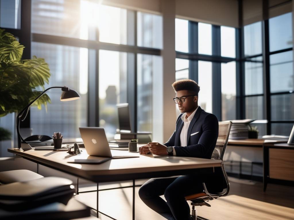 Joven estudiante emprendedor construyendo su marca personal en oficina moderna y luminosa