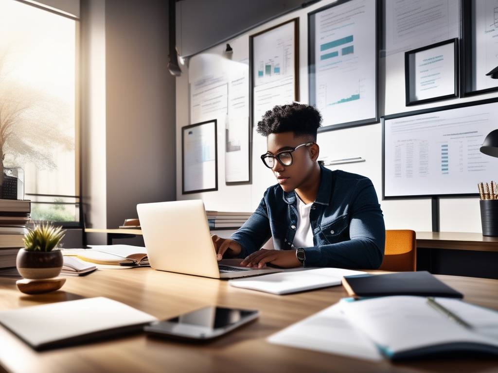 Estudiante emprendedor en estudio, planificando negocio mientras estudia