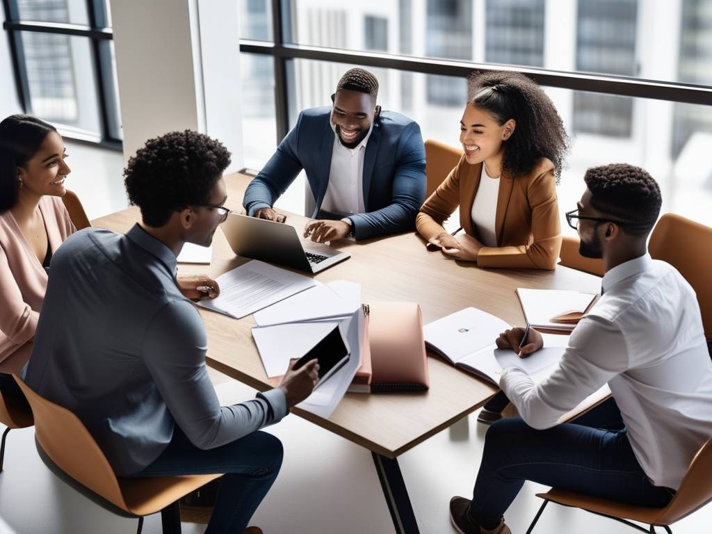 Estudiantes colaborando en un entorno profesional, empleando a otros estudiantes en tu emprendimiento