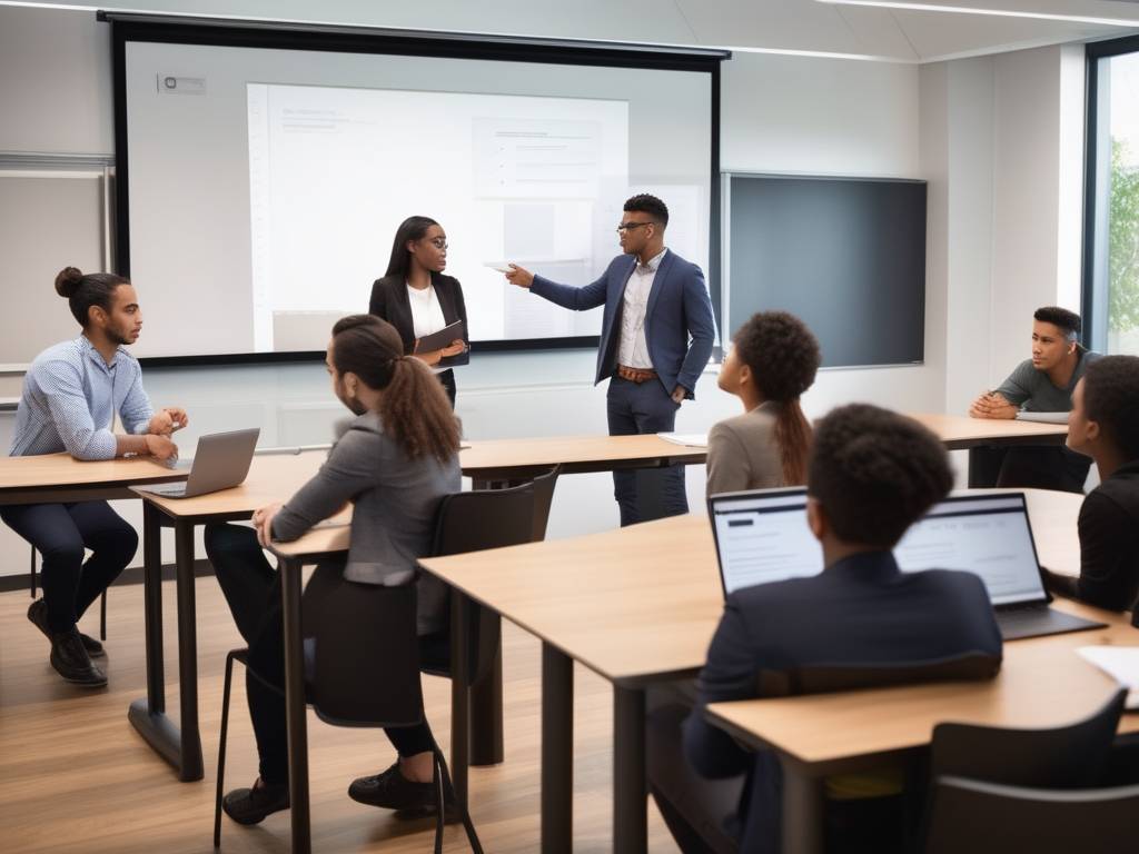 Estudiantes aprendiendo aspectos legales básicos para emprendedores en un aula moderna