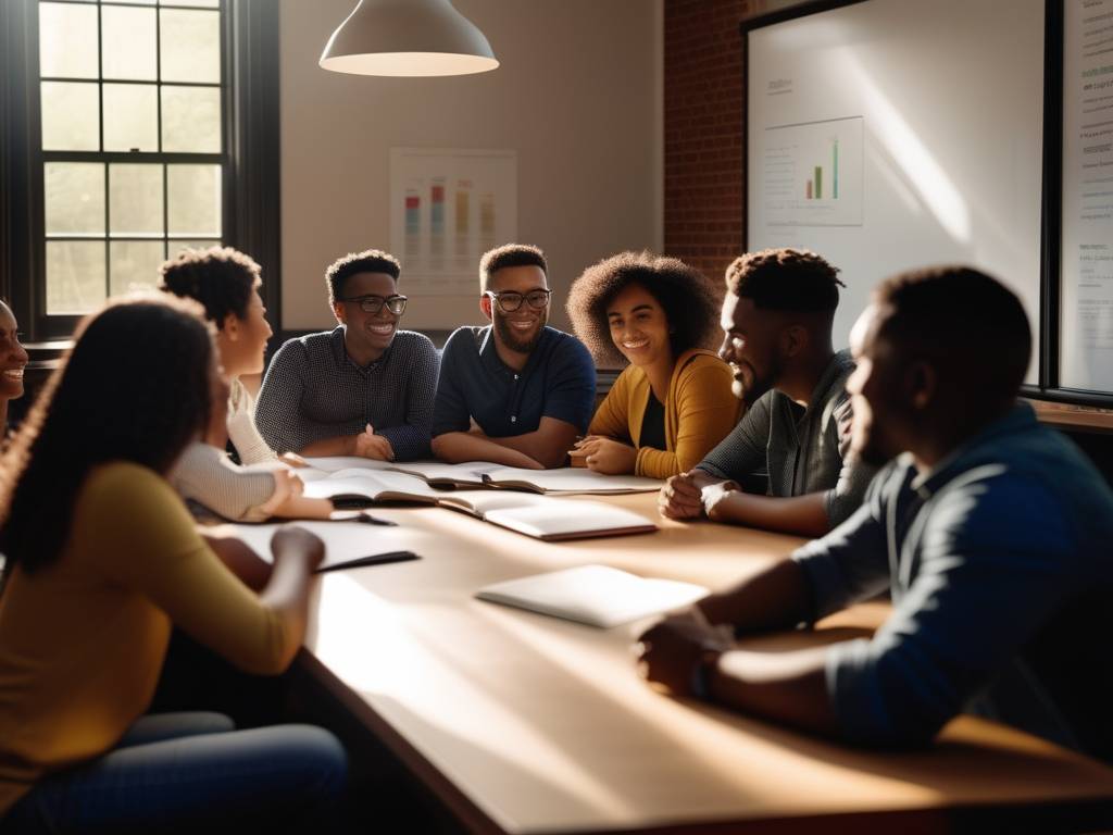 Estudiantes diversos validando ideas de negocio en aula