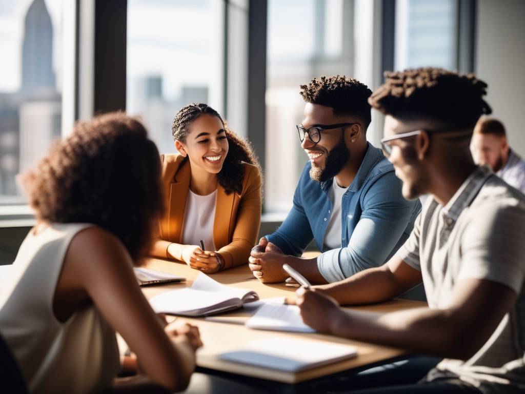 Estudiantes emprendedores en aula universitaria con vista a la ciudad