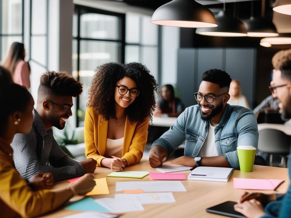 Estudiantes colaborando en un espacio de coworking, empleando a otros en emprendimientos (110 caracteres)