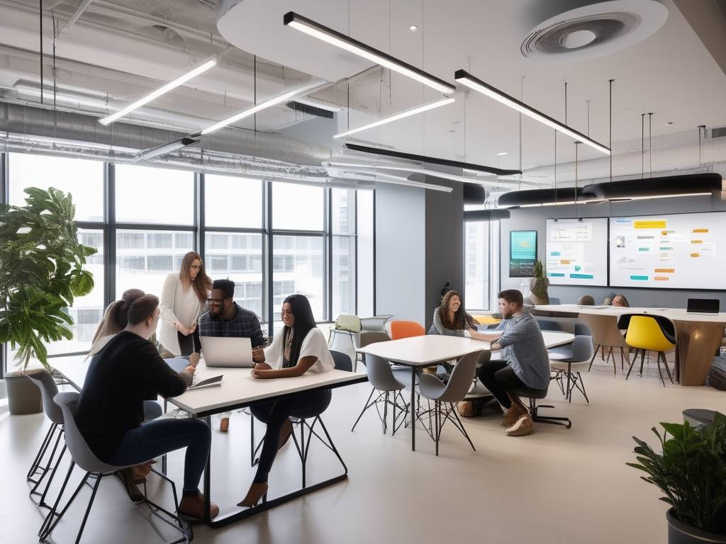 Estudiantes colaborando en un coworking innovador, utilizando estrategias de crecimiento para emprendimientos estudiantiles