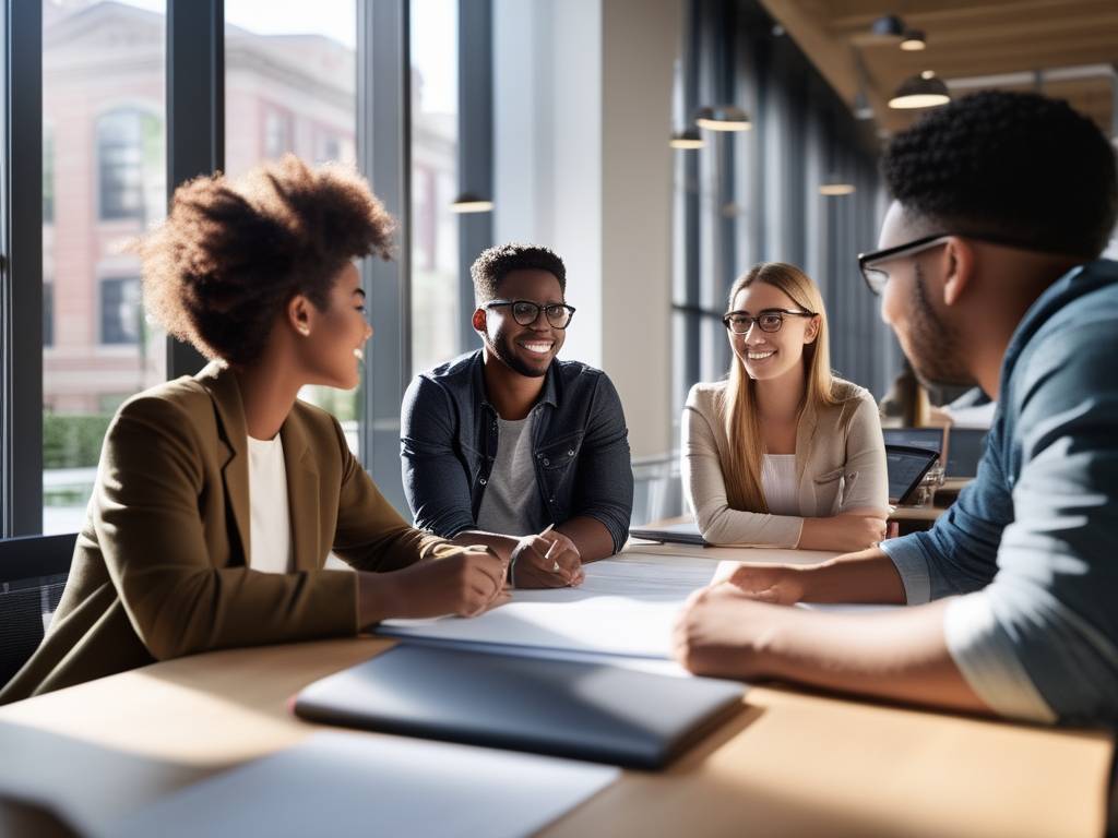 Emprendimientos colaborativos: estudiantes trabajando en equipo en la universidad