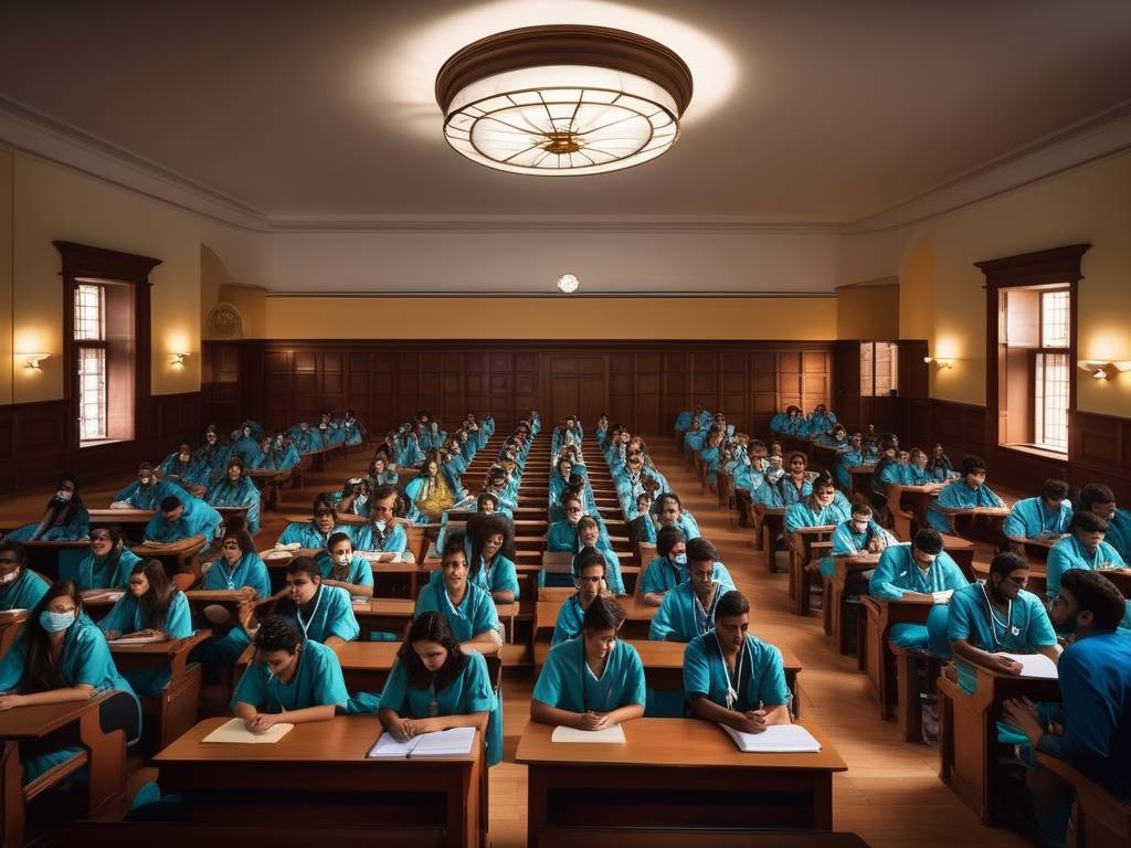 Estudiar medicina en el interior de Uruguay: Sala de conferencias moderna y equipada con estudiantes entusiastas y profesor cautivado