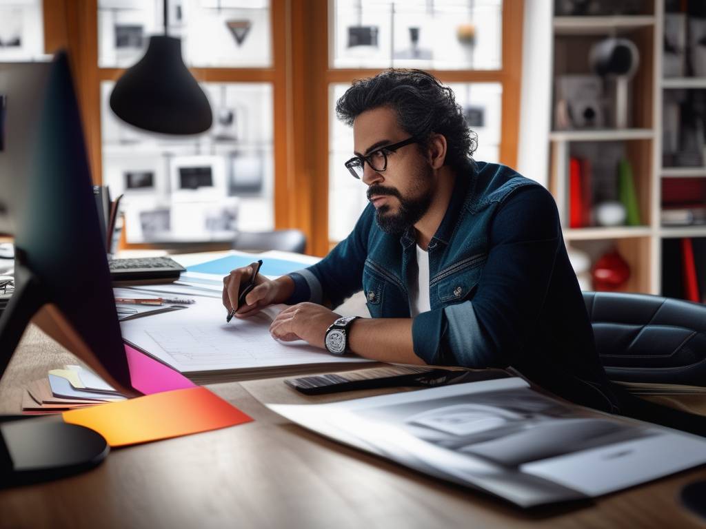 Gabriel Calderón, diseñador gráfico uruguayo, en su estudio de diseño moderno y vibrante