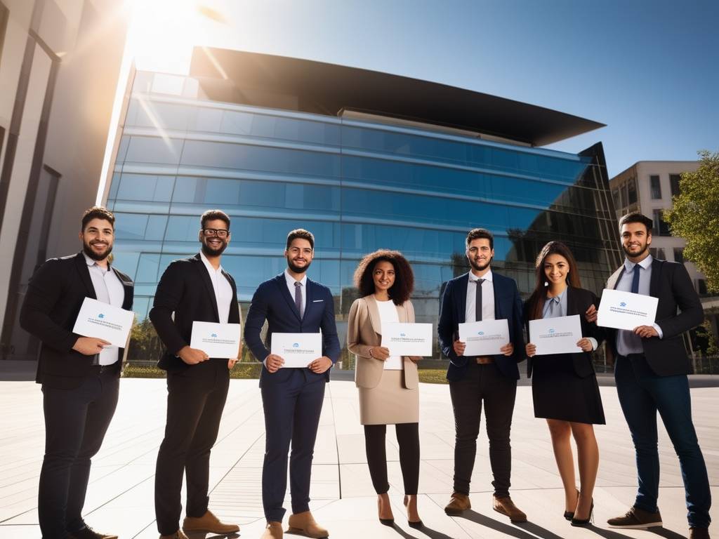 Construyendo marca personal de graduados UCUD, con tarjetas de presentación, frente a edificio moderno y ciudad activa