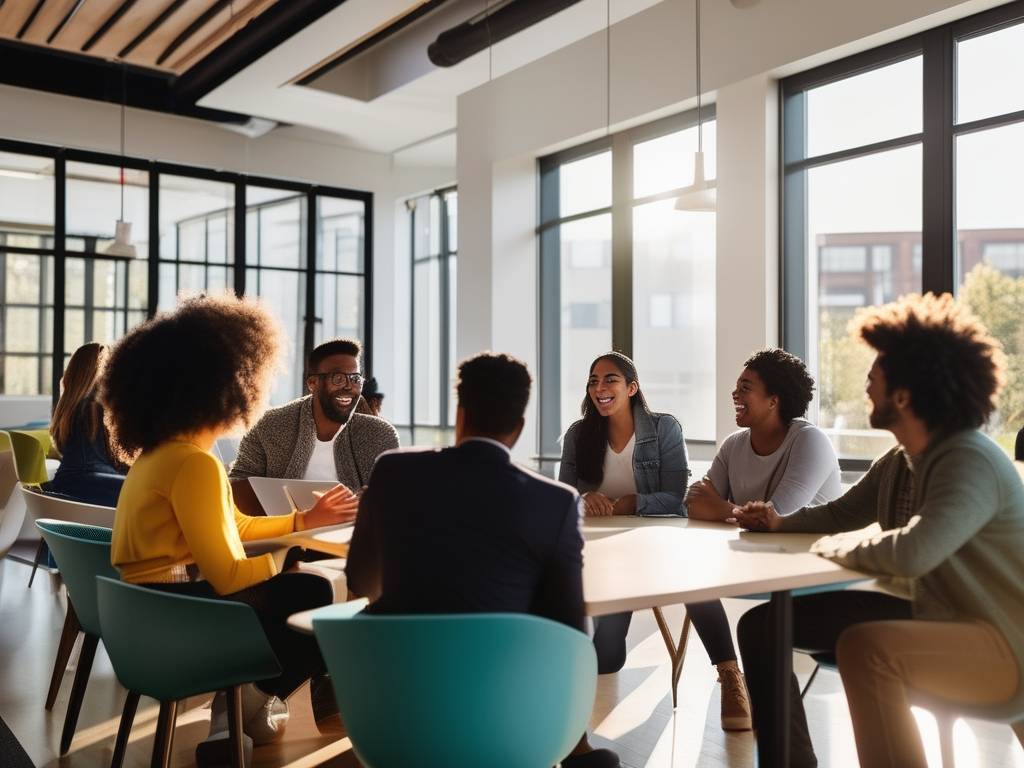 Estudiantes universitarios discutiendo emprendimiento en un aula moderna