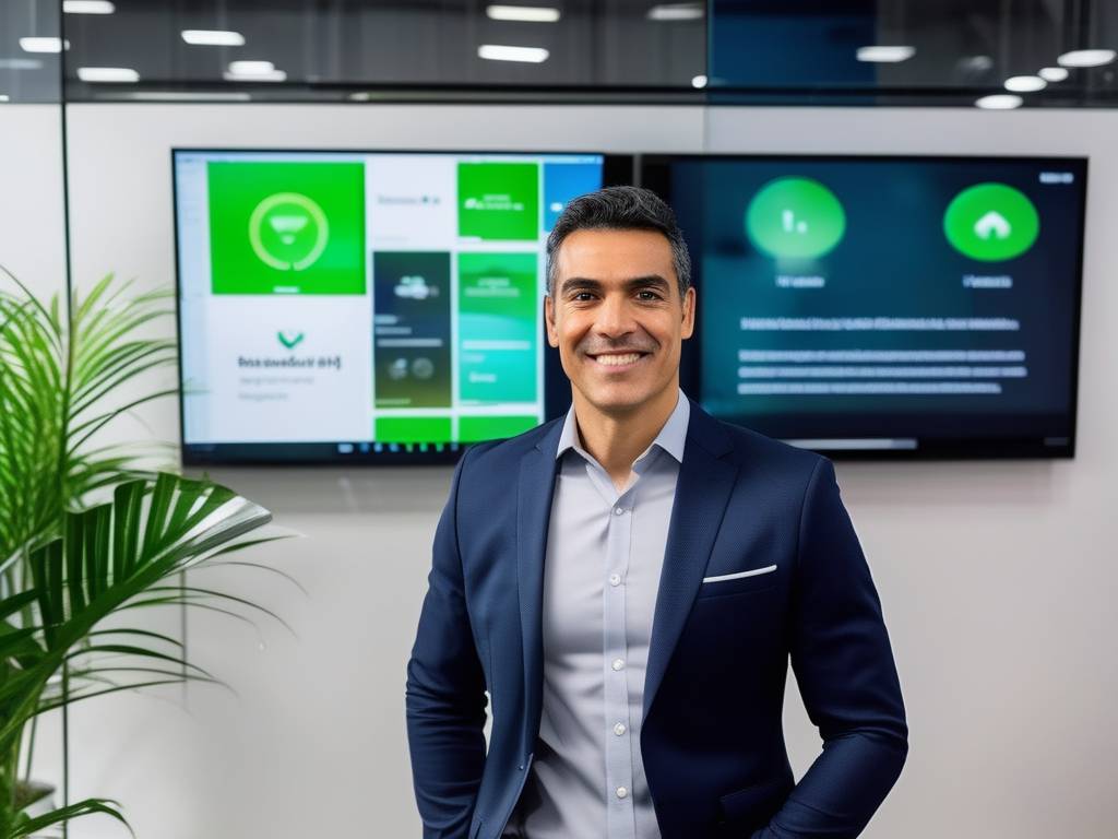 Joven emprendedor exitoso con su startup HealthyU, promoviendo gestión del tiempo y productividad