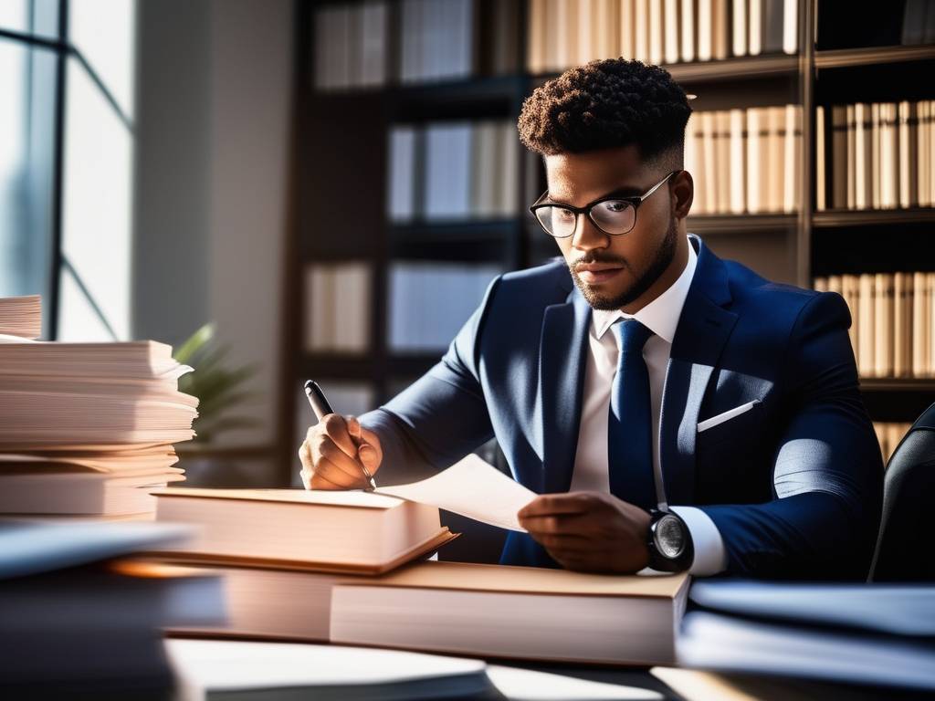 Joven emprendedor revisando documentos legales en su oficina moderna - Aspectos legales básicos para estudiantes emprendedores