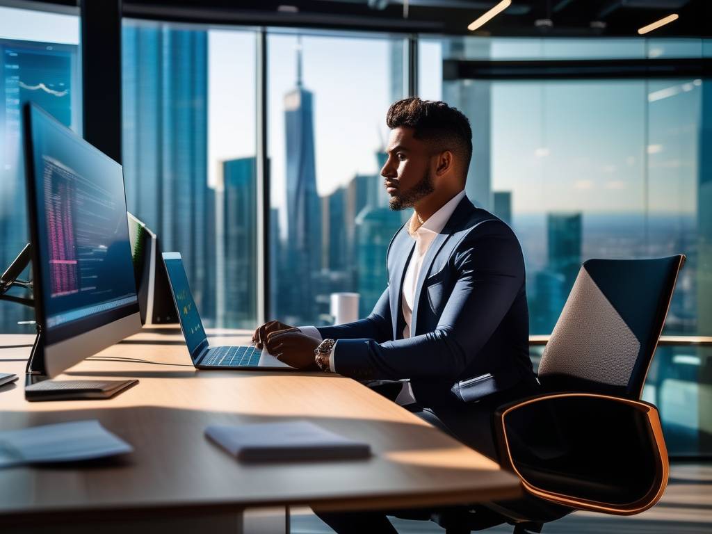 Joven emprendedor en oficina moderna, rodeado de tecnología y gráficos financieros