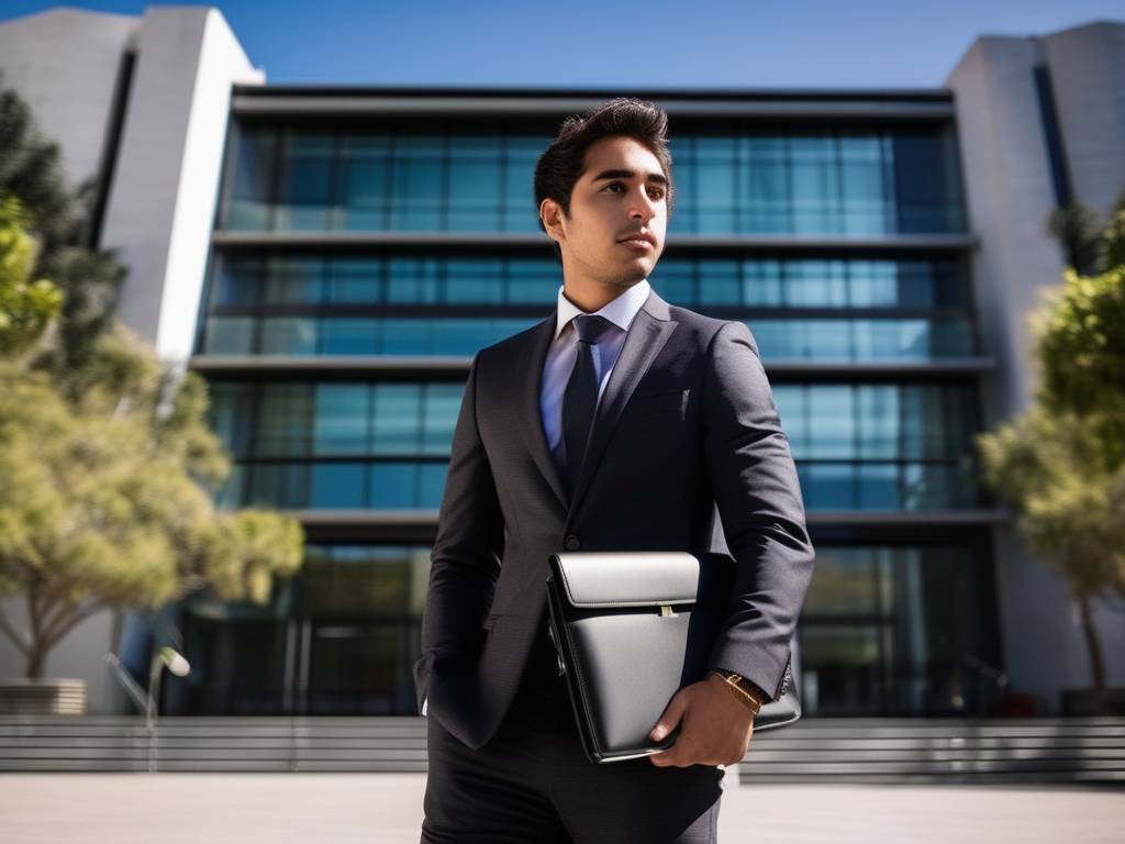 Estudiante emprendedor exitoso en campus con ambiente emprendedor y consejos financieros