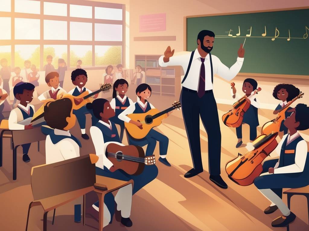 Músico enseñando en aula con estudiantes y instrumentos - Cuánto Gana un Músico en Uruguay