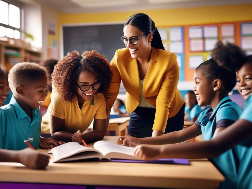 Profesores en aula vibrante enseñando con entusiasmo y dedicación