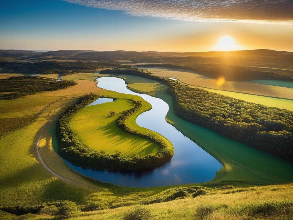 Programas académicos únicos en el interior: paisaje impresionante de Uruguay, con colinas verdes, río serpenteante y montañas majestuosas