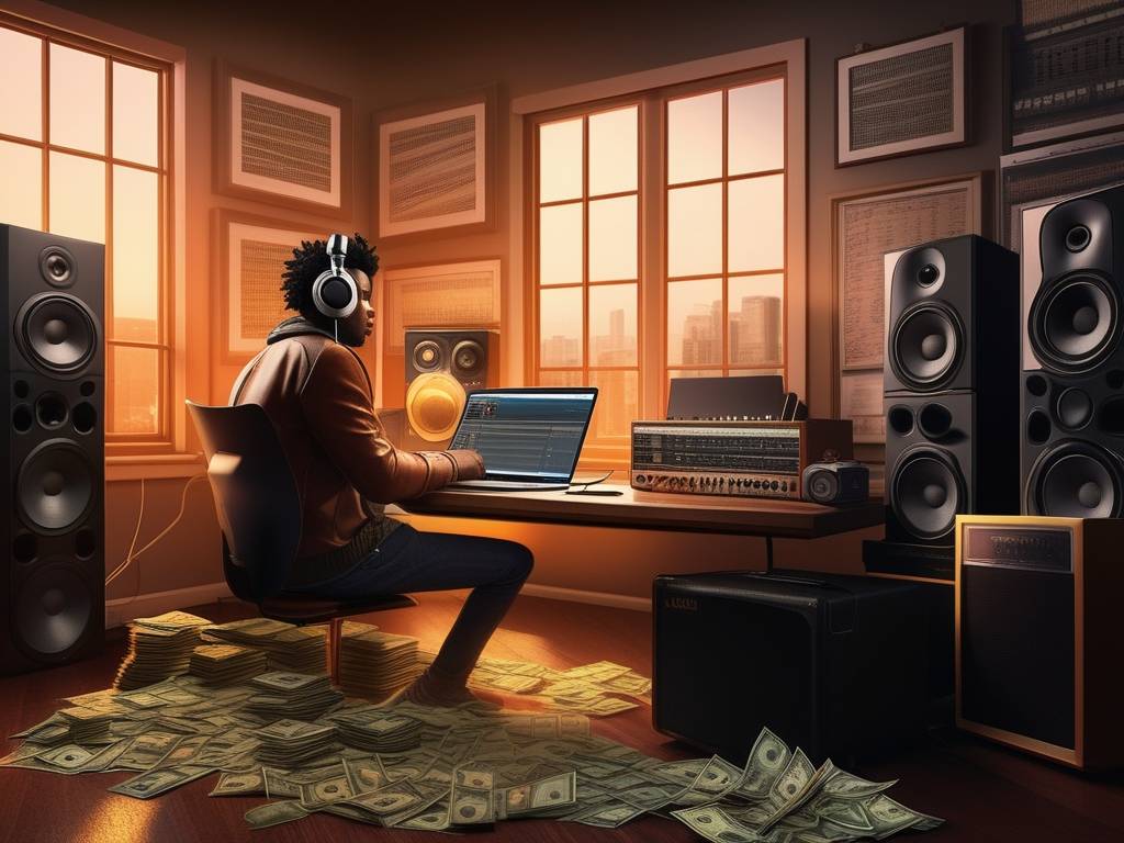 Músico en estudio rodeado de dinero y equipos de música, simbolizando el proceso creativo