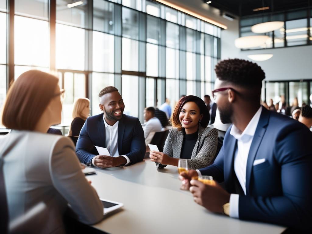 Profesionales jóvenes en evento de networking en la universidad: diversidad y conexiones