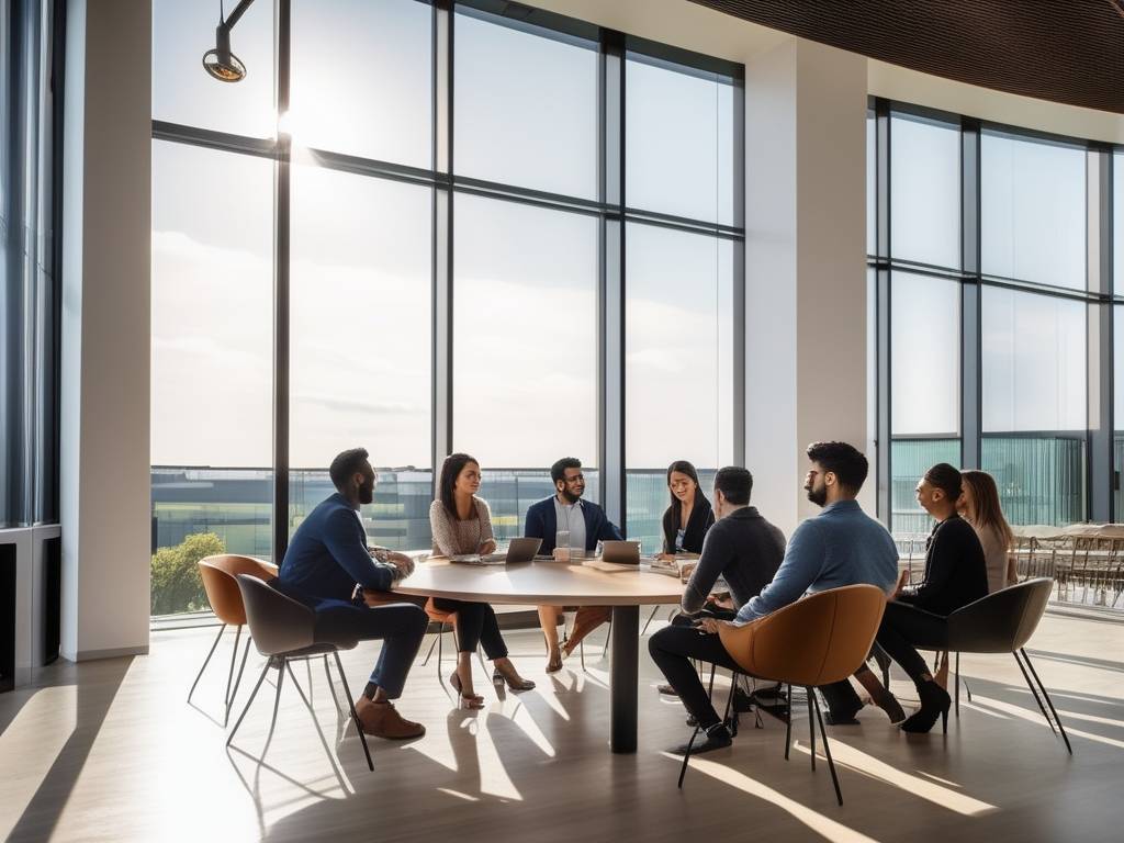 La importancia de la mentoría en el emprendimiento universitario con estudiantes y mentores en una sala bien iluminada y espaciosa