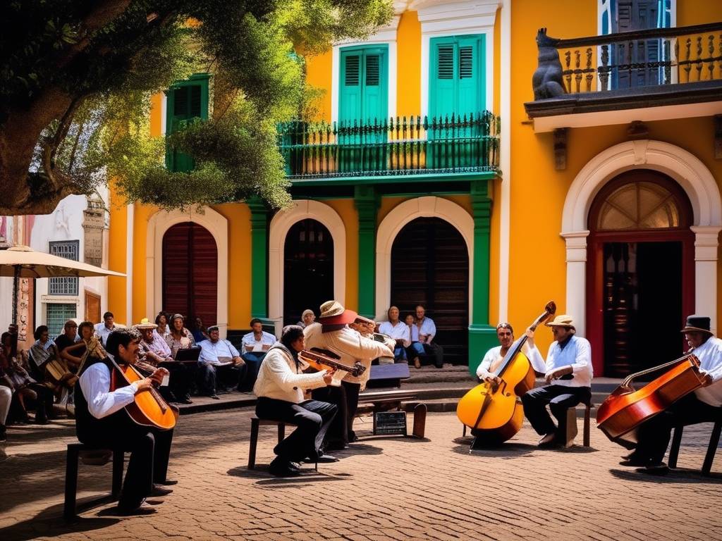 Cultura y tradiciones en Salto, Uruguay - Escena vibrante en el corazón de la ciudad con músicos, poeta y encanto