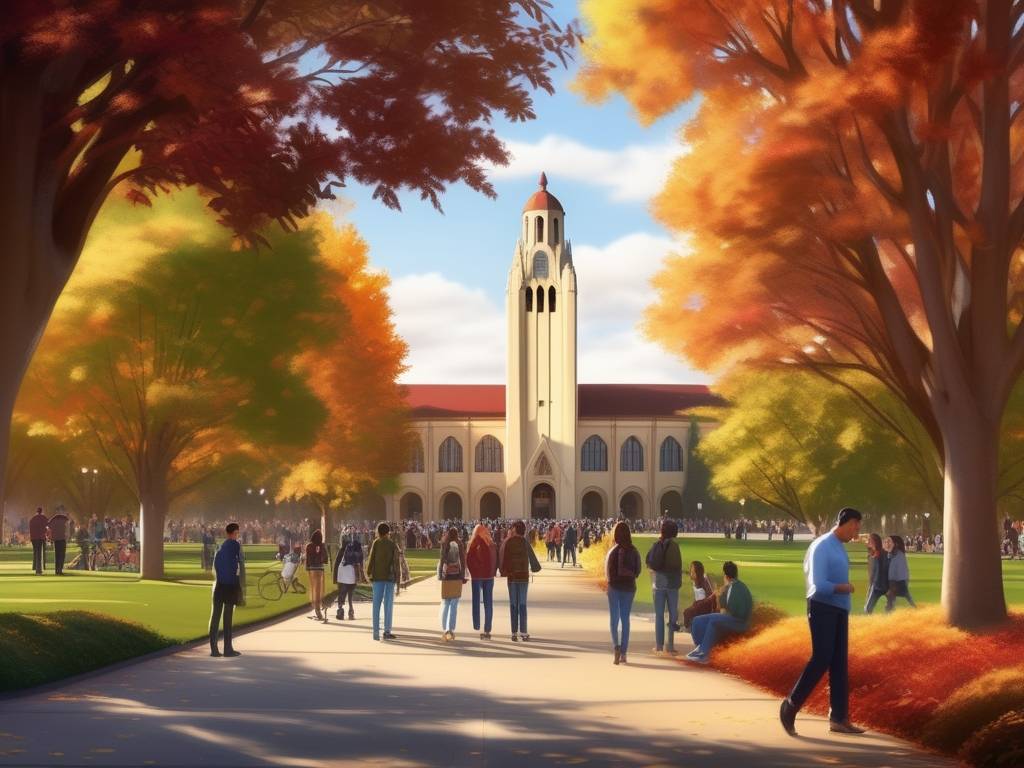 Campus de Stanford con estudiantes, árboles otoñales y emprendimientos exitosos de universidad