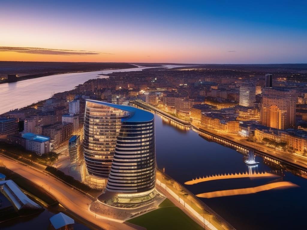 Impresionante vista aérea de una ciudad moderna al anochecer en Uruguay