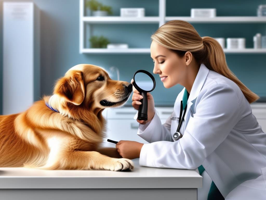 Veterinario en Uruguay examinando un golden retriever