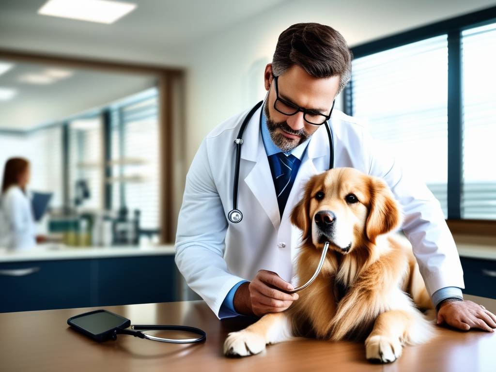 Veterinario en clínica moderna examinando golden retriever