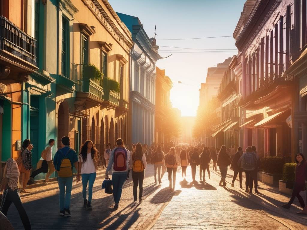 Calle animada en Uruguay, muestra vibrante vida estudiantil y atractivos del país