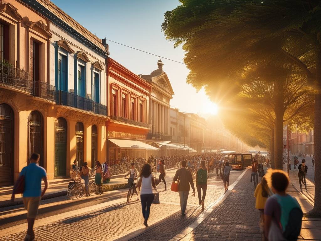 Estudiar ciencias sociales en el interior de Uruguay: vibrante ciudad con arquitectura tradicional, estudiantes debatiendo y cultura local