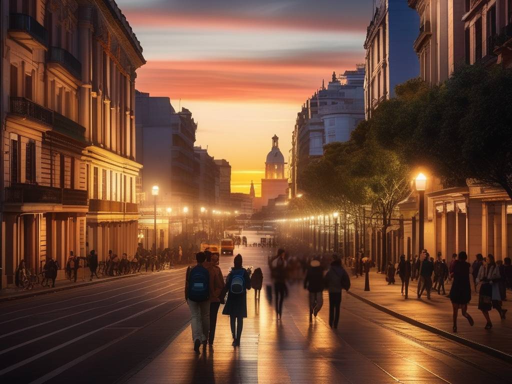 Escena urbana en Montevideo, Uruguay con estudiantes y vibrante vida nocturna - Costo de vida para estudiantes en el interior