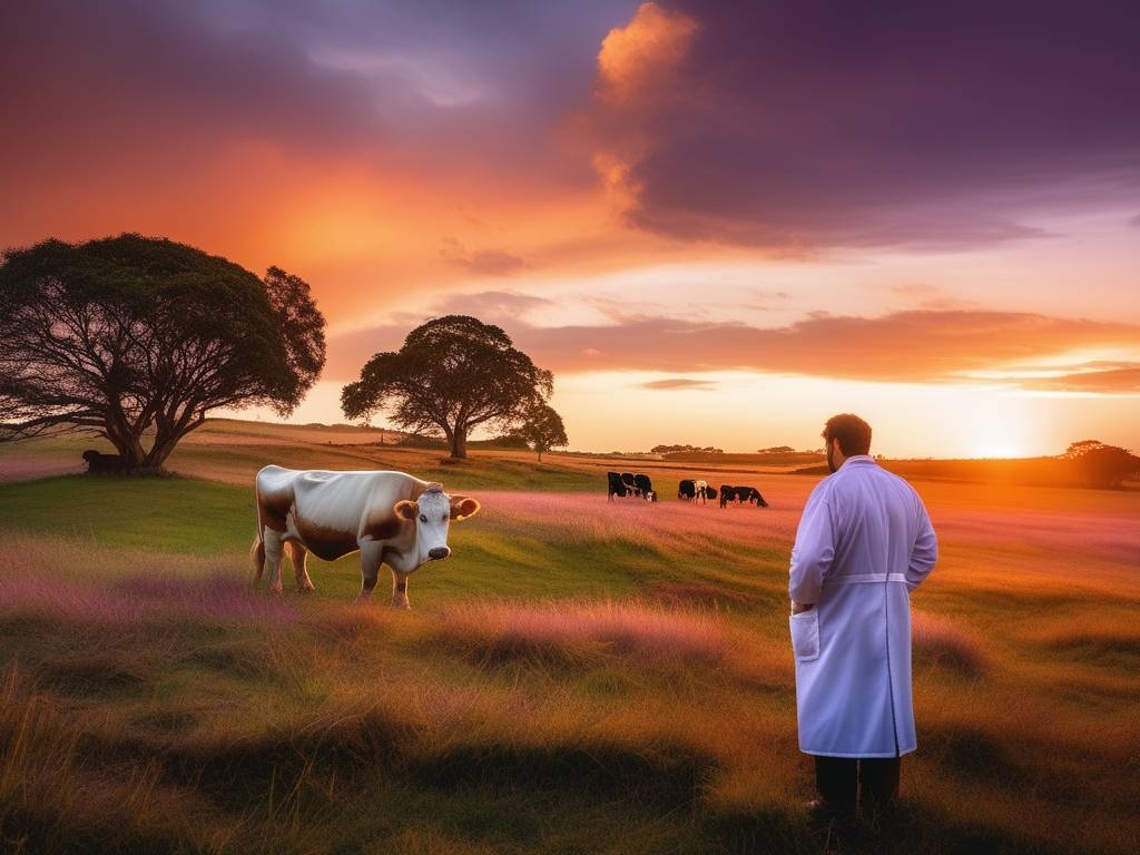 Veterinario en Uruguay: Panorámica del campo al atardecer, con veterinario examinando una vaca sana en un pastizal tranquilo